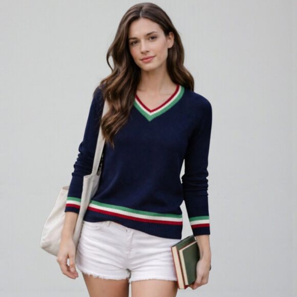 POL Sweaters - POL Sweater Womens Medium Blue Red Green Striped V-Neck Knit Pullover Preppy